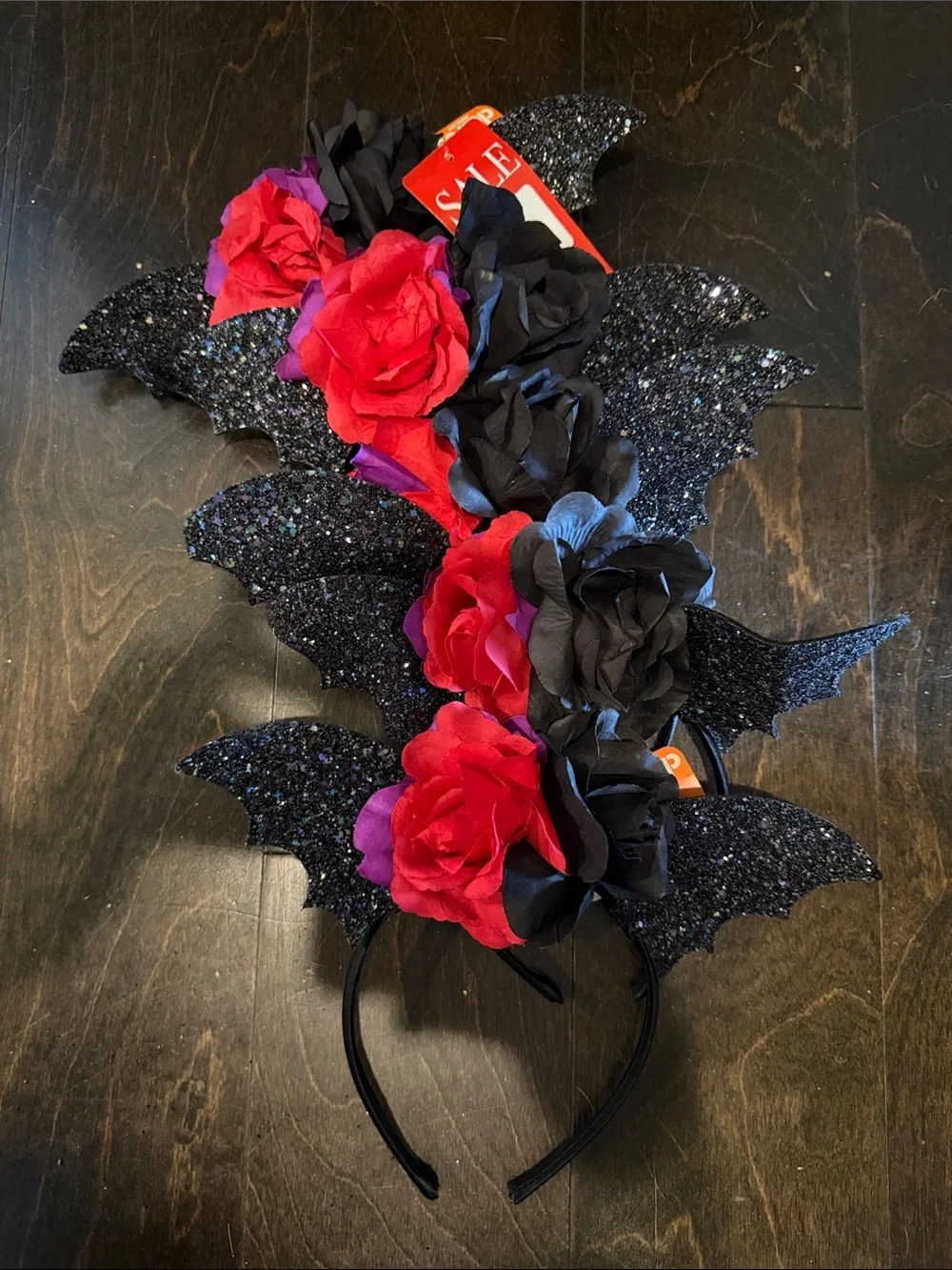 7 Glitter Bat Ear Headband for Kids with Black and red Flowers